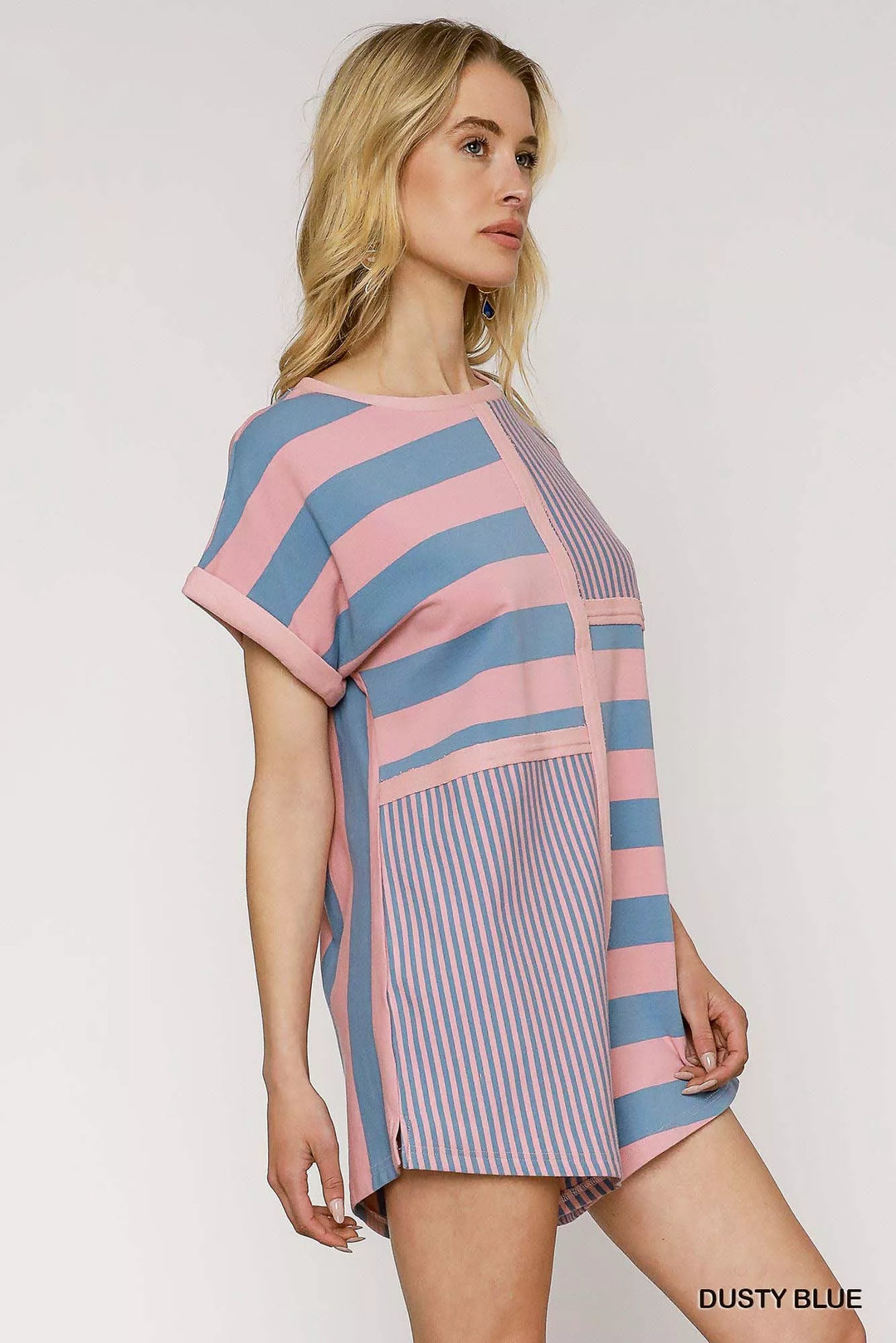 Dusty Blue Umgee Mixed Striped Short Sleeve Romper 1