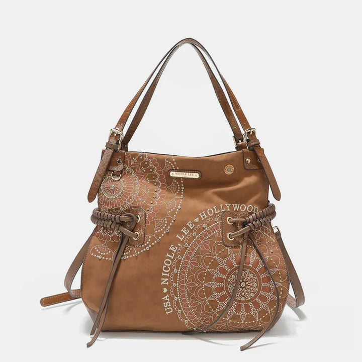 Brown Nicole Lee Usa Side Braided Tassel Inlaid Rhinestone Embroidery Hobo Bag