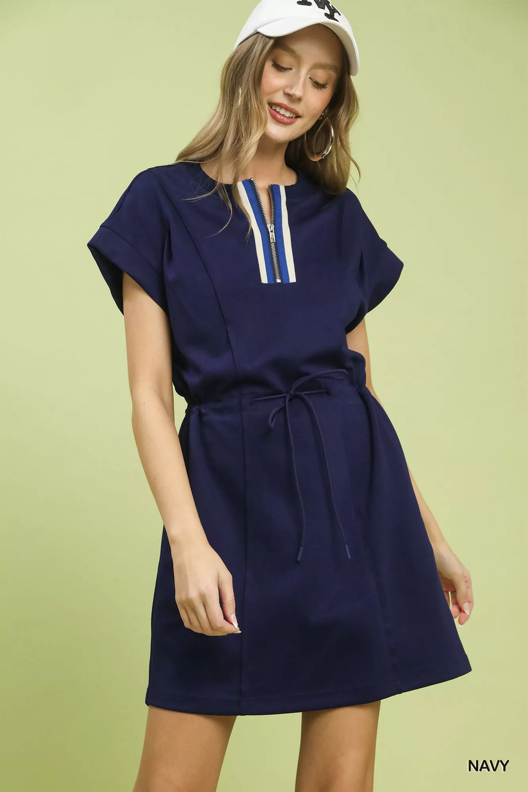 Navy Umgee Knit Zip Front Drawstring Dress 1