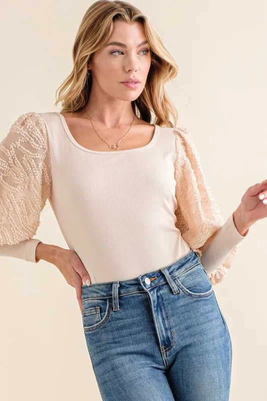Beige And The Why Textured Puff Sleeve Bodysuit