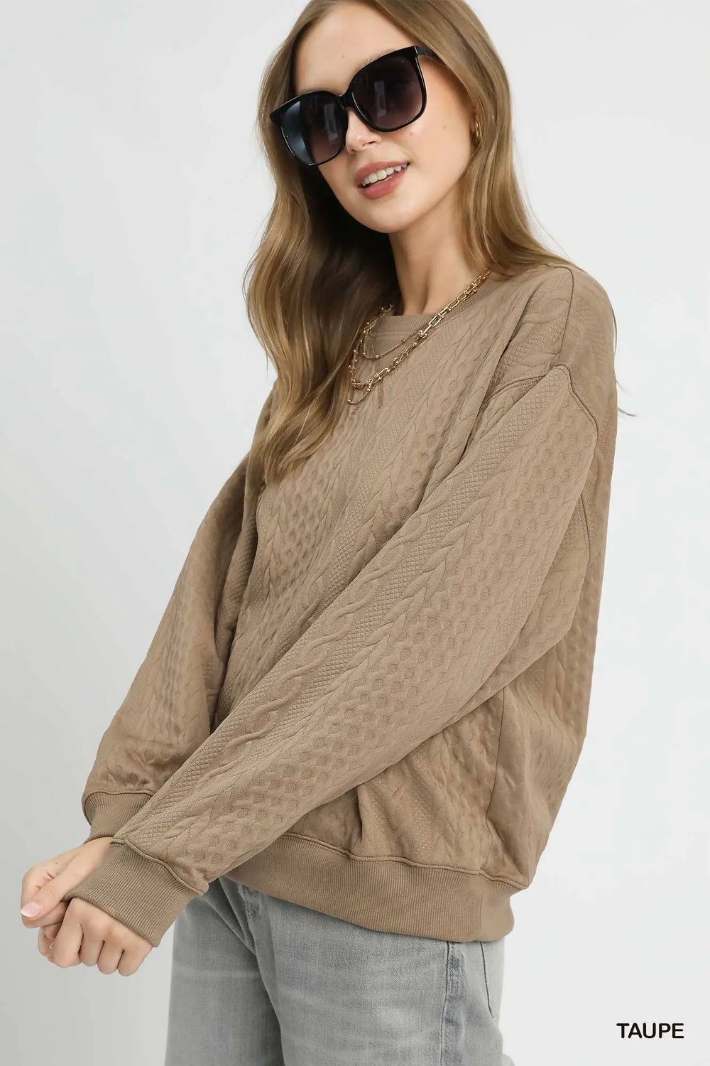 Taupe Umgee Cable Texture Pattern Sweatshirt With Ribbed Hem