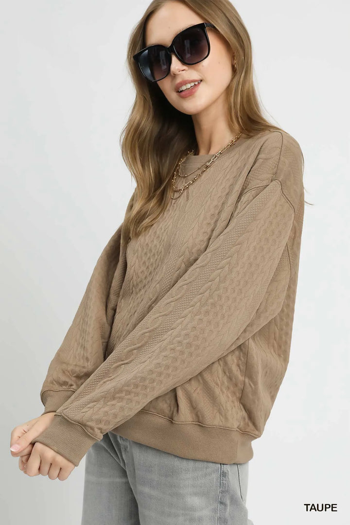 Taupe Umgee Cable Texture Pattern Sweatshirt With Ribbed Hem