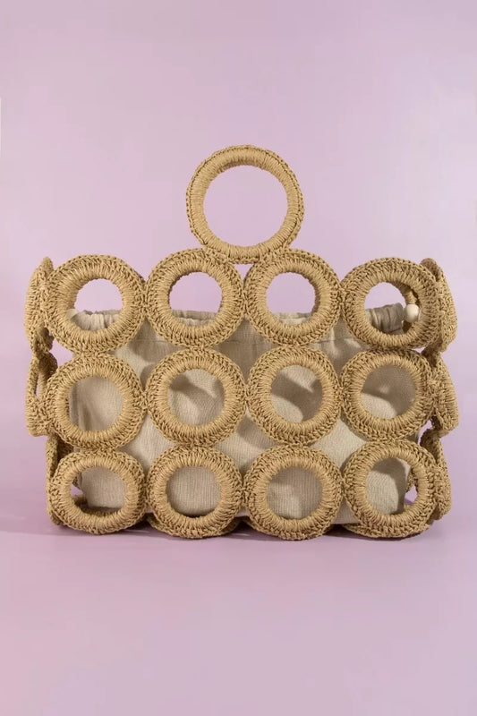 Ka Fame Straw Round Pattern Mesh Hand Bag