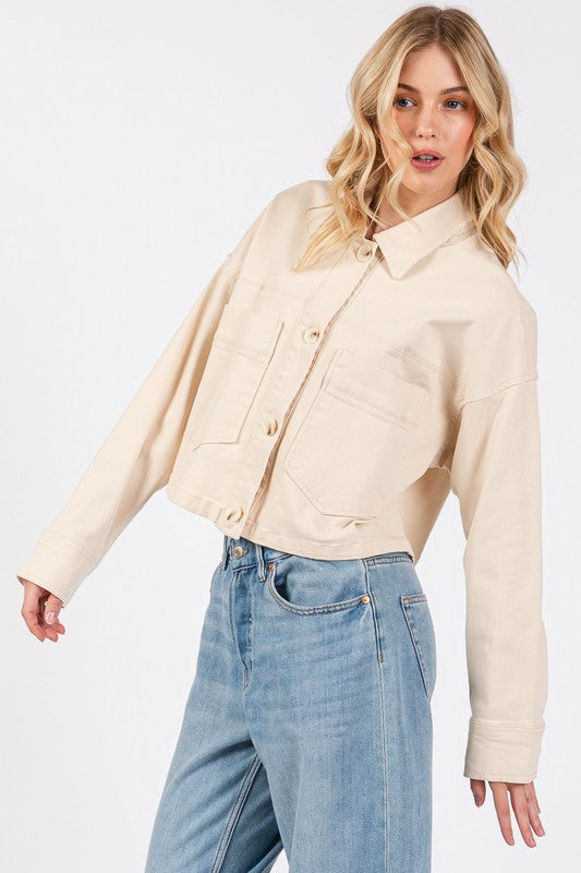Tan Bytos Button Down Cropped Denim Jacket With Patch Pockets 2