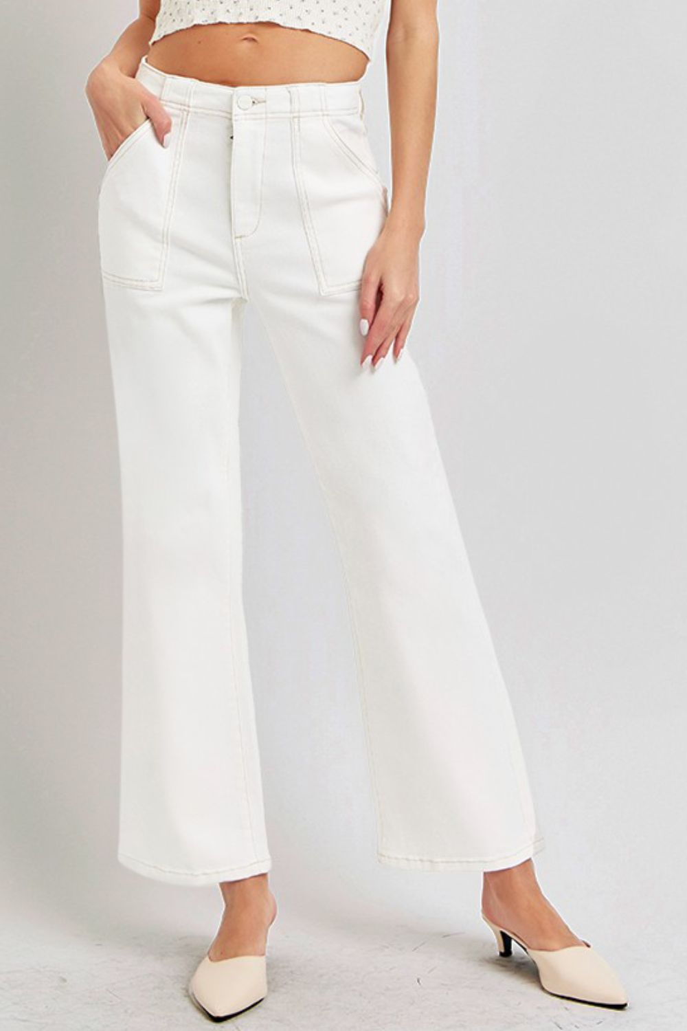 Cream Risen High Rise Ankle Flare Jeans With Patch Pockets