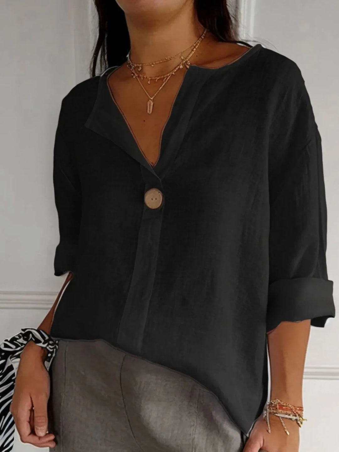Apricot Full Size Linen Blend Notched Blouse Plus Size