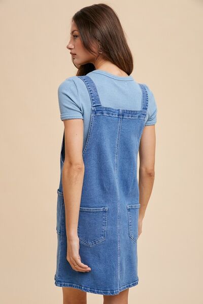 Indigo Washed Denim Annie Wear Wide Strap Denim Overall Dress With Pockets