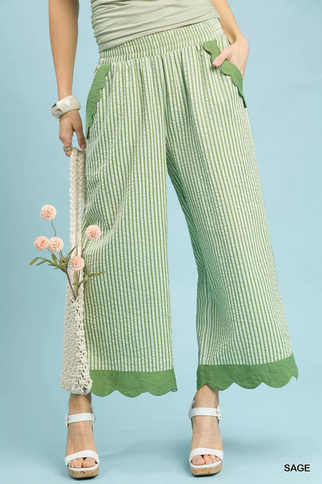 Sage Umgee Stripe Scallop Hem Wide Leg Pants