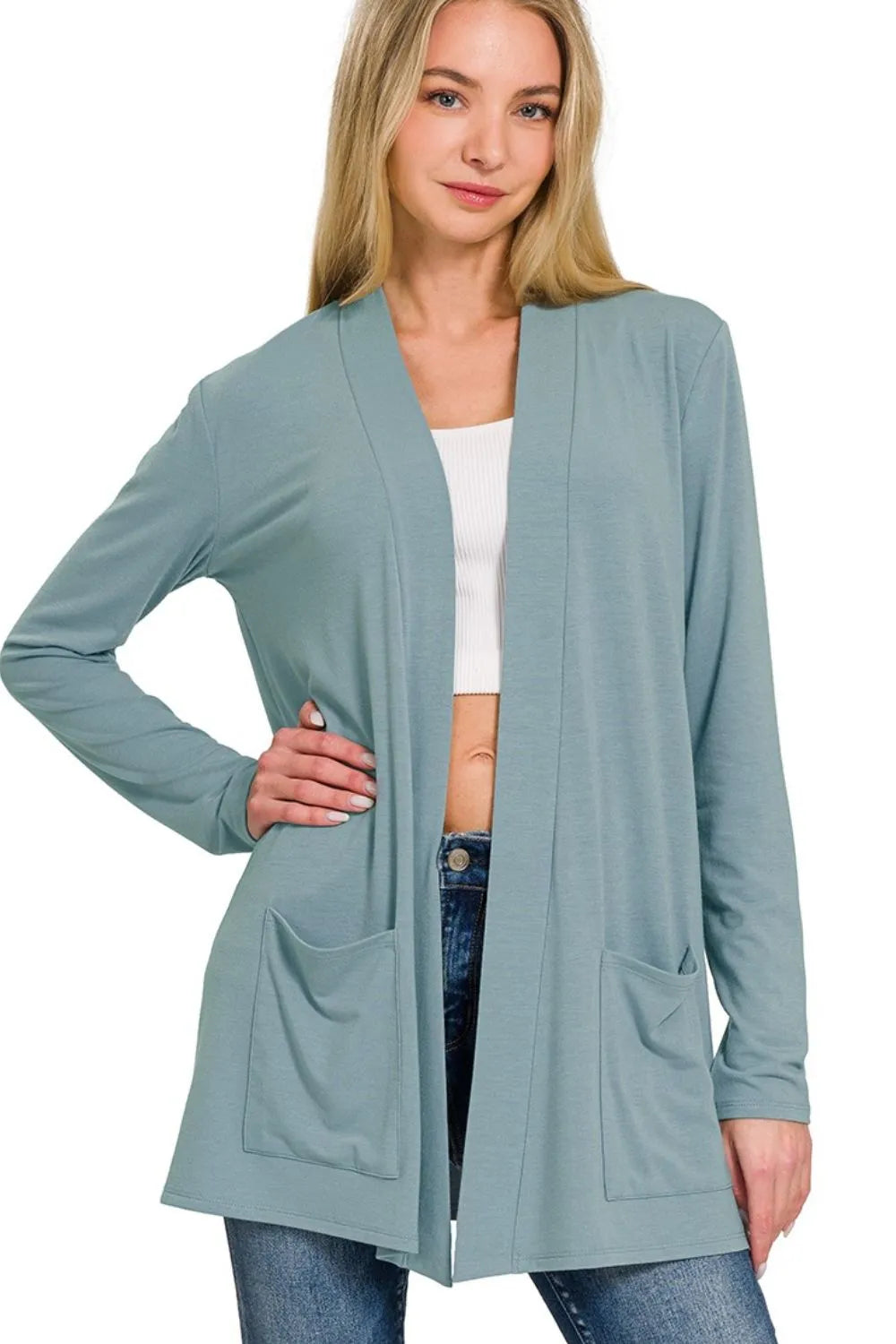 Blue Grey Zenana Slouchy Lightweight Open Front Pocket Cardigan