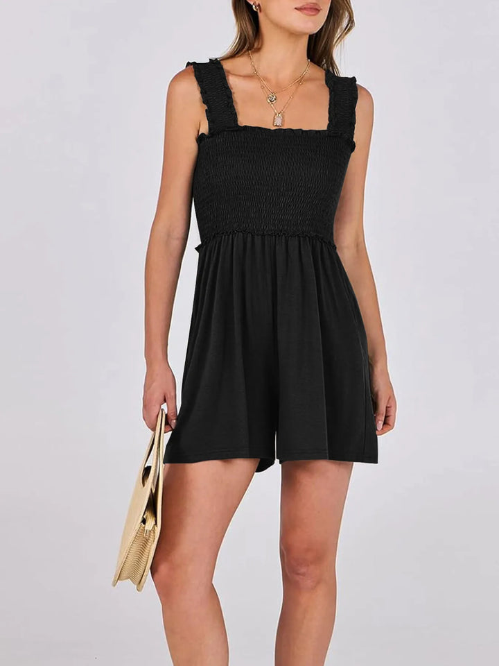 Black Smocked Square Neck Summer Romper