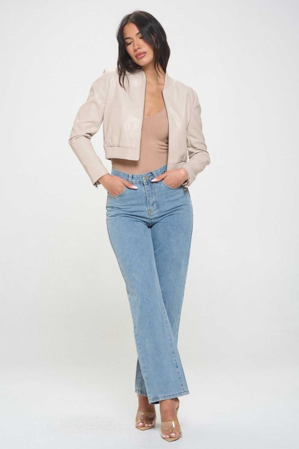 Cream Coalition La Zip Up Cropped Bomber Jacket 1