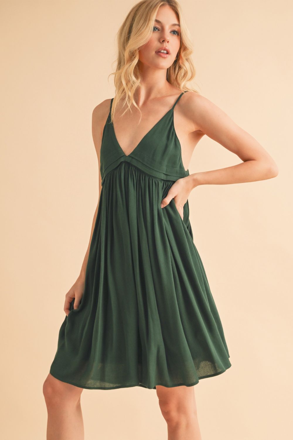 Dark Green Aemi Co Ruched Plunge Mini Cami Dress