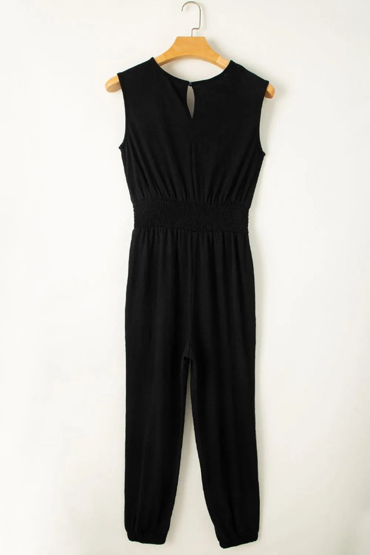 Smocked Sleeveless V Neck Jumpsuit
