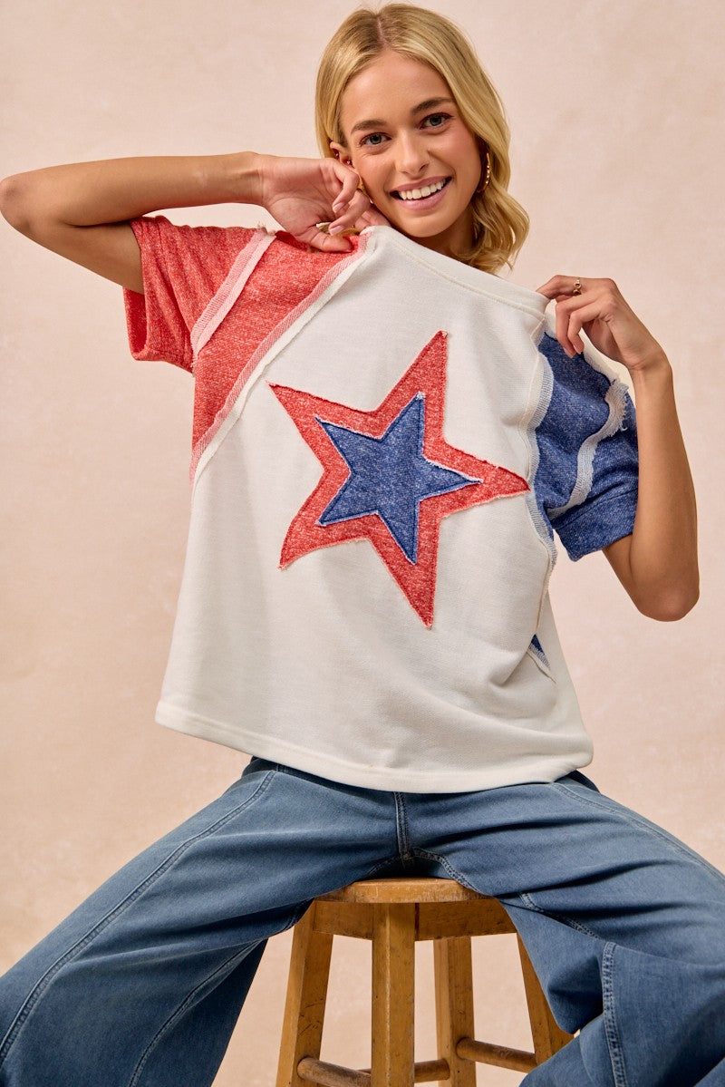 Bibi Contrast French Terry Cut Edge Detail Fourth Of July Theme T Shirt