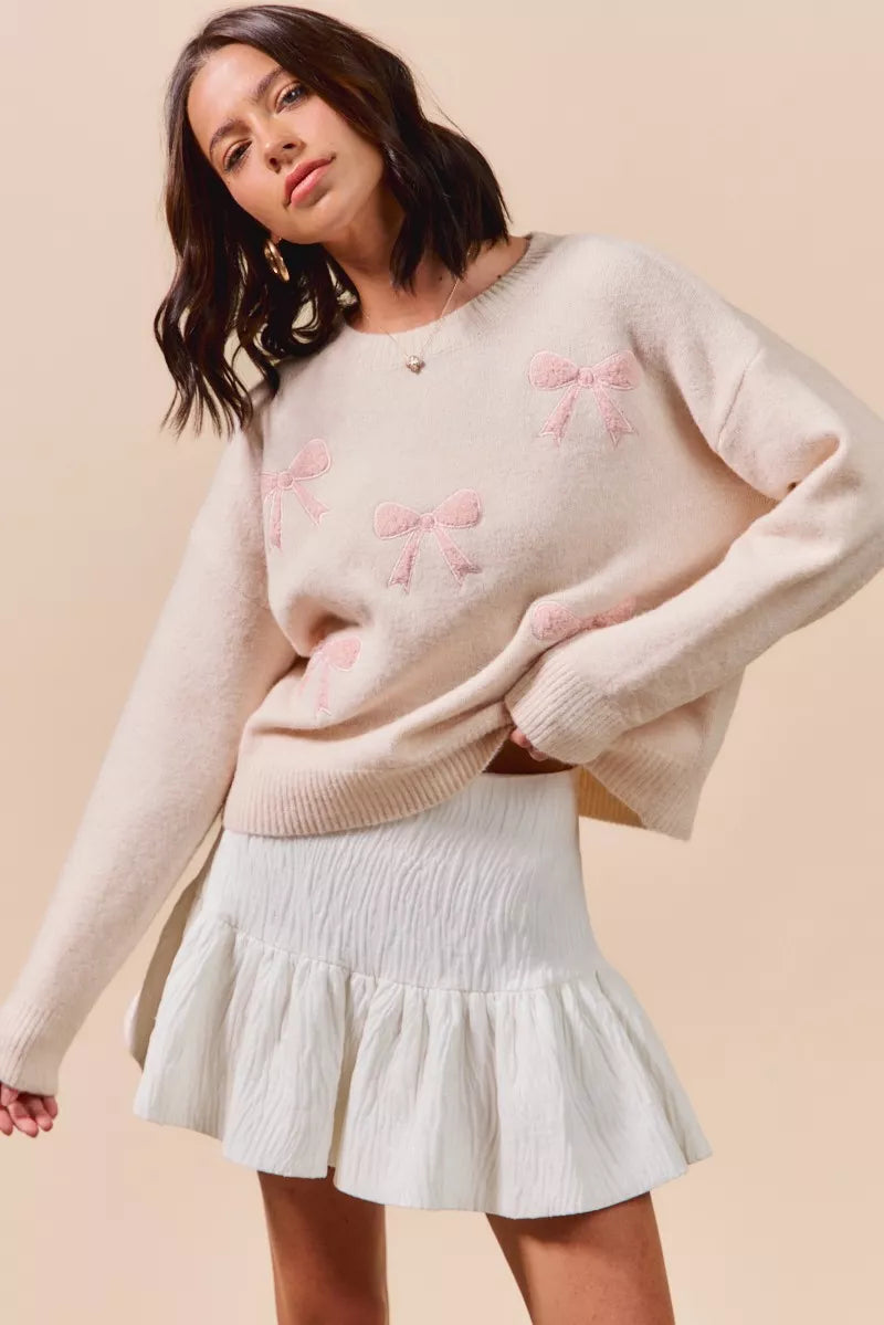 So Me Embroidered Ribbon Round Neck Sweater