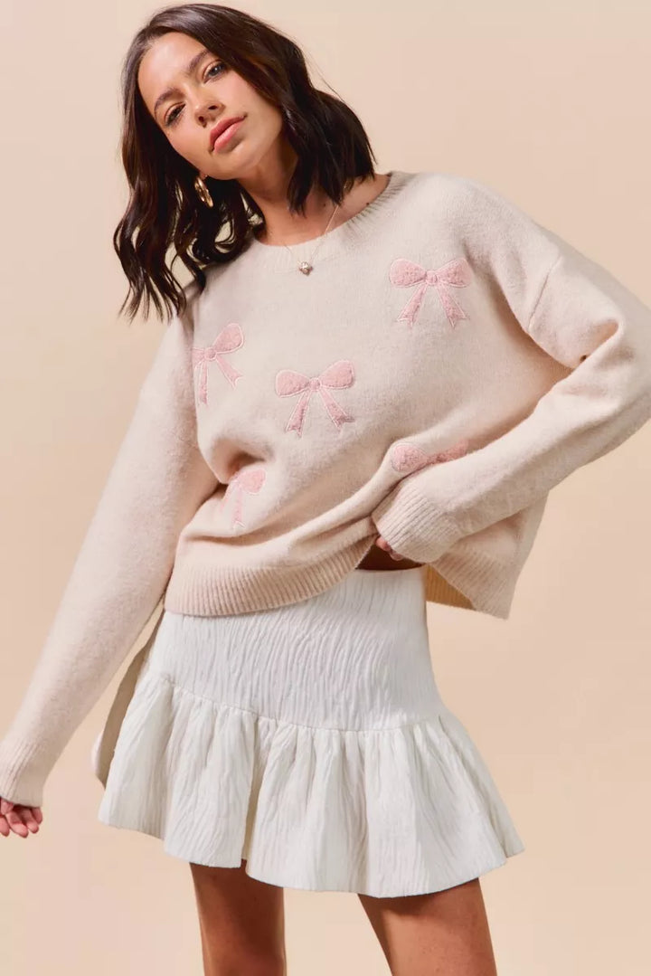 So Me Embroidered Ribbon Round Neck Sweater
