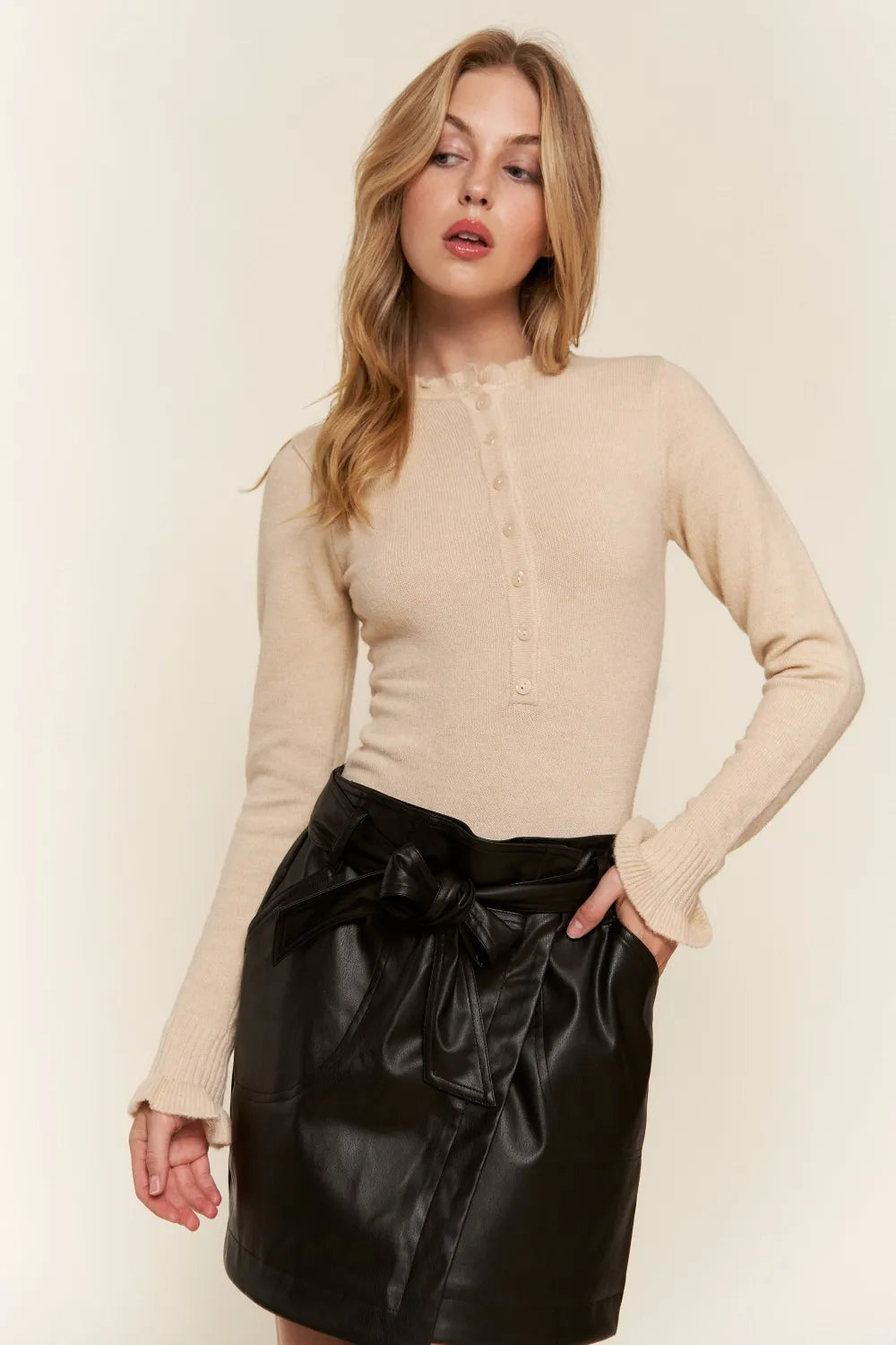 Beige And The Why Half Button Round Neck Long Sleeve Bodysuit