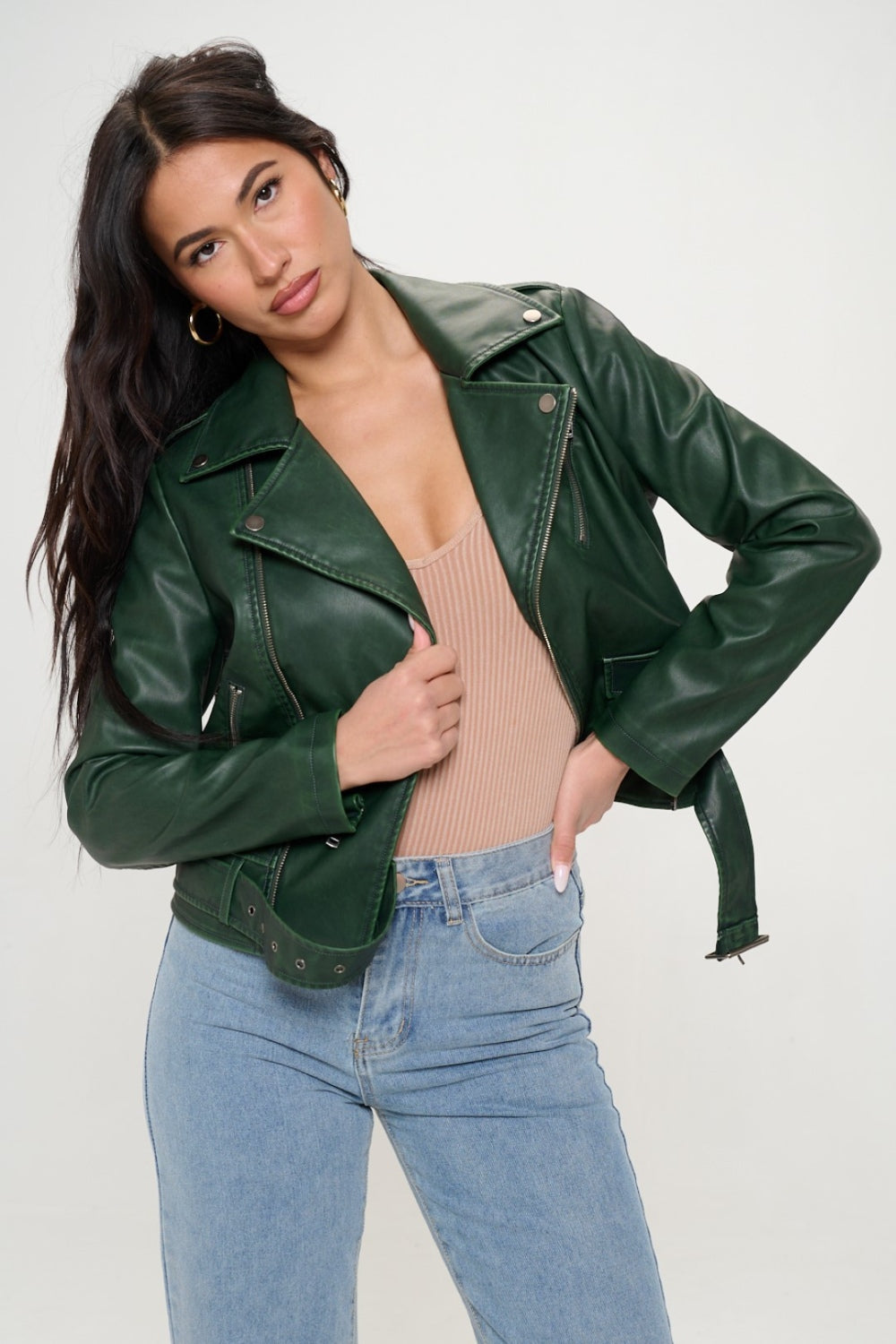 Green Coalition La Zip Up Biker Jacket With Belt