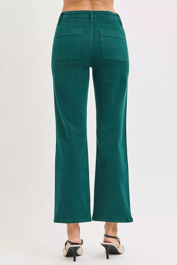 Hunter Green Risen High Rise Ankle Flare Patch Pocket Jeans