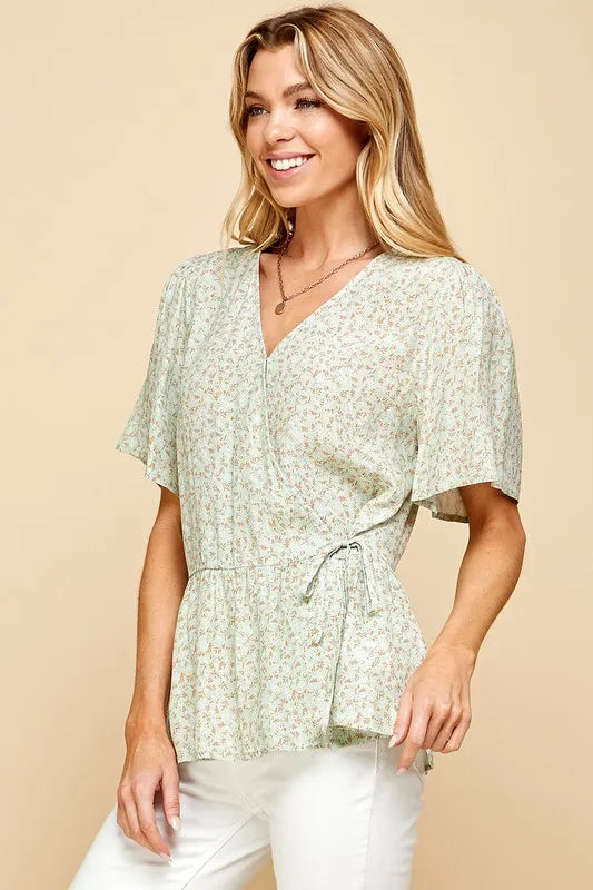 Sage/Ginger Lime N Chili Ditsy Print V Neck Short Sleeve Wrap Blouse