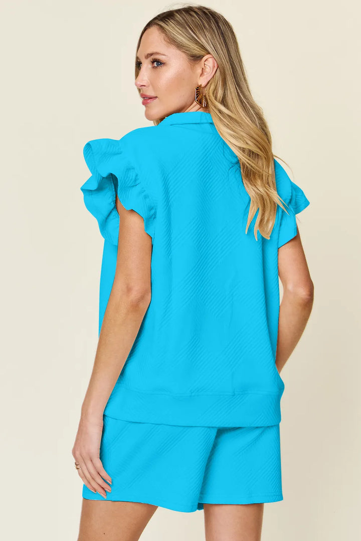 Deep Teal Double Take Full Size Texture Flounce Sleeve Top And Drawstring Shorts Set 1