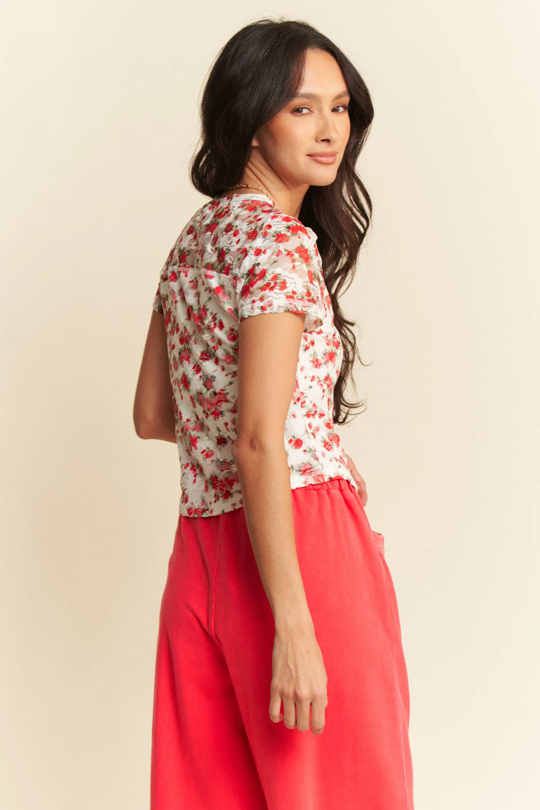 Davi Dani Ribbon Short Sleeve Layered Mesh Top