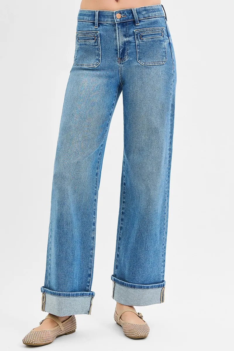 Medium Risen Full Size Elastic Band Mid Rise Wide Front Patch Pocket Cuff Jeans Plus Size