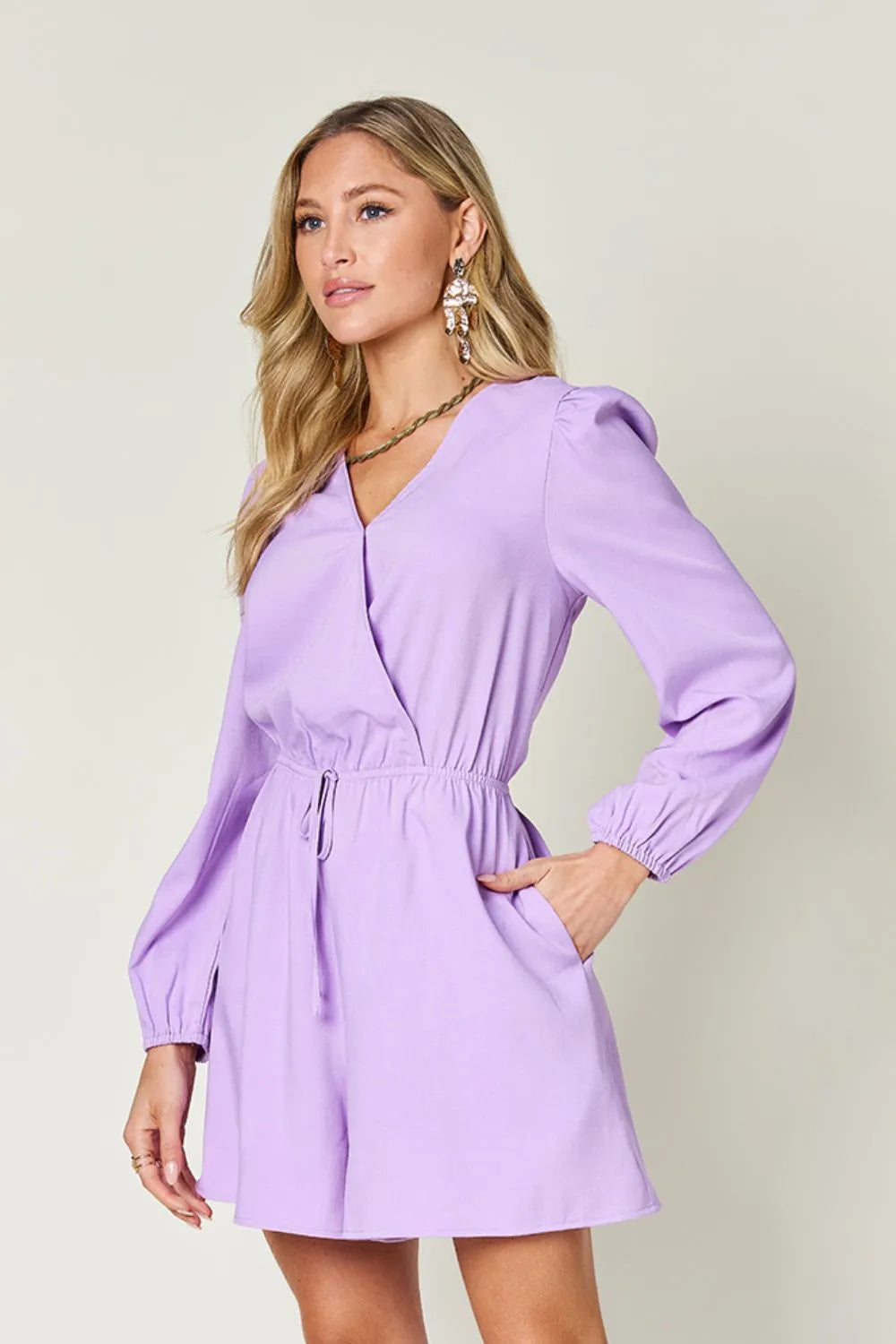 Lavender Double Take Full Size Drawstring Long Sleeve Romper