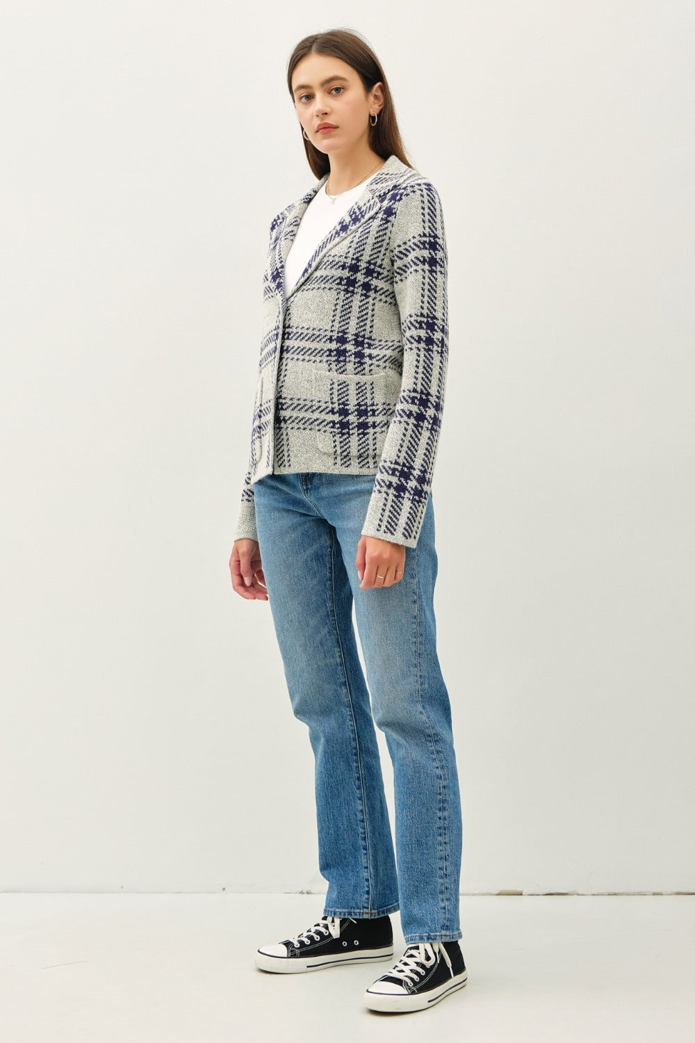 Navy Be Cool Plaid Long Sleeve Sweater Jacket With Front Patch Pockets