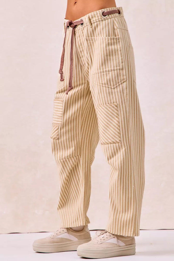 Oatmeal Bibi Drawstring Striped Twill Barrel Pants 2