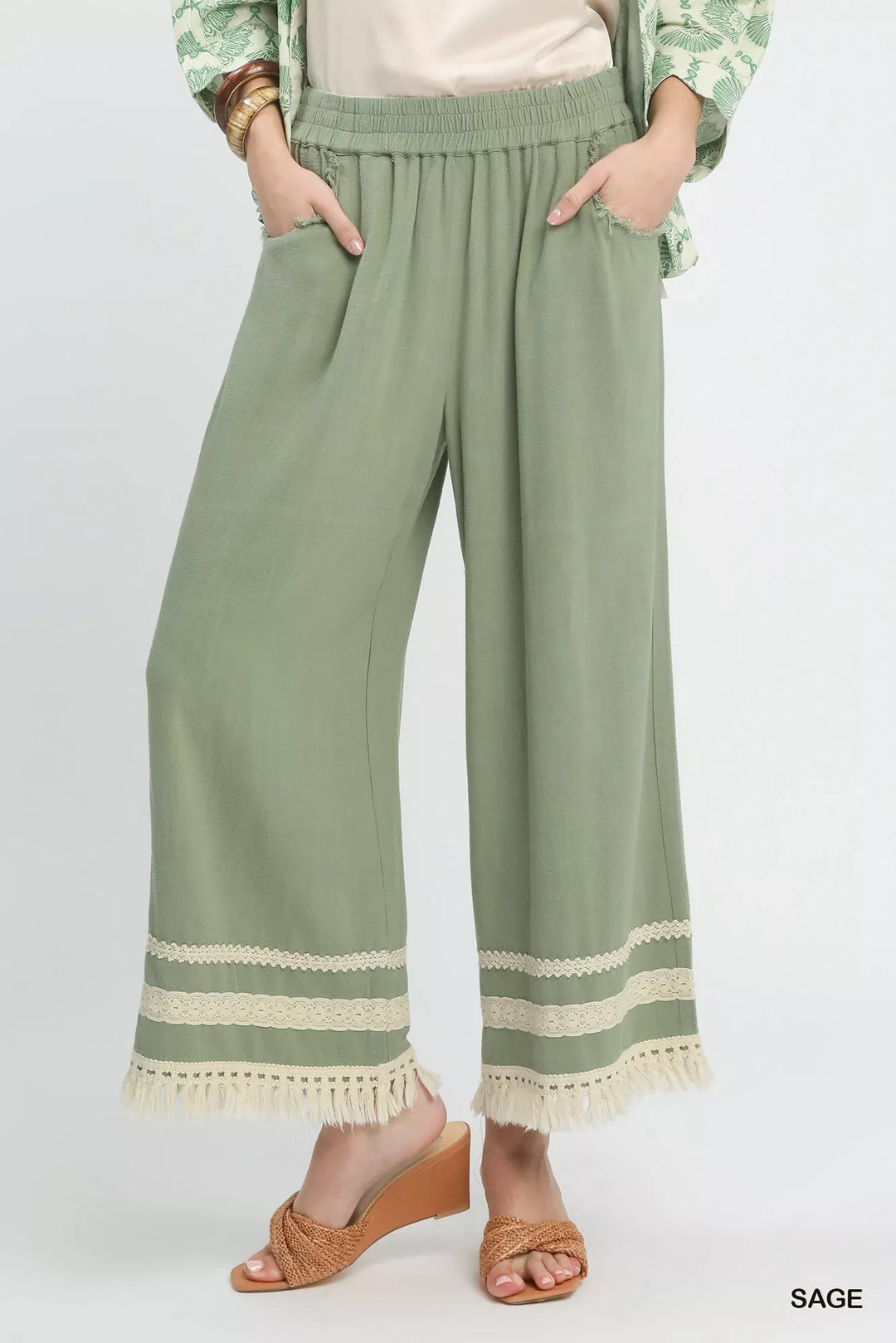 Sage Umgee Lace Trim Fringe Hem Wide Leg Pants