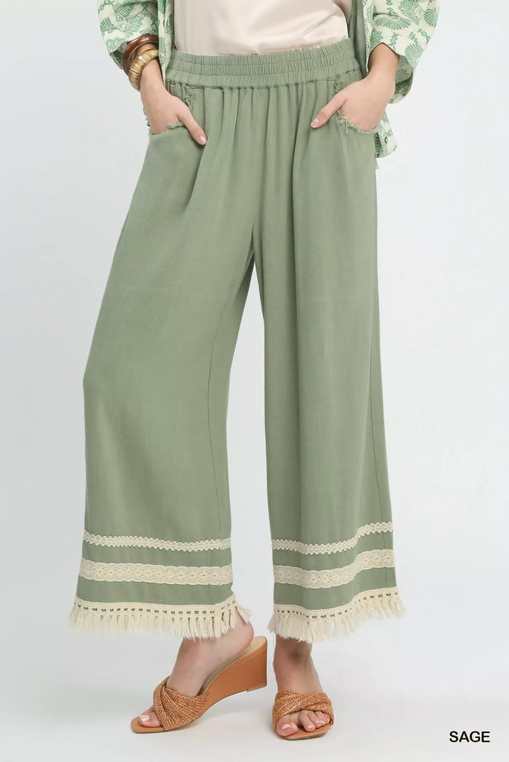 Sage Umgee Lace Trim Fringe Hem Wide Leg Pants
