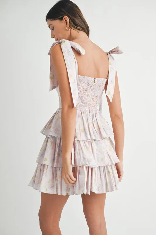 Mable Floral Print Shoulder Tie Layered Mini Dress 1