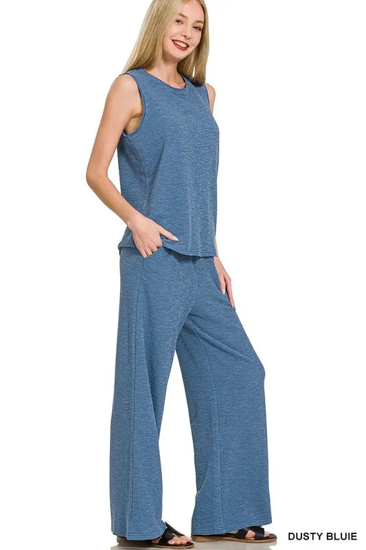 Dusty Blue Zenana Cotton Slub Tank Pants Set 4