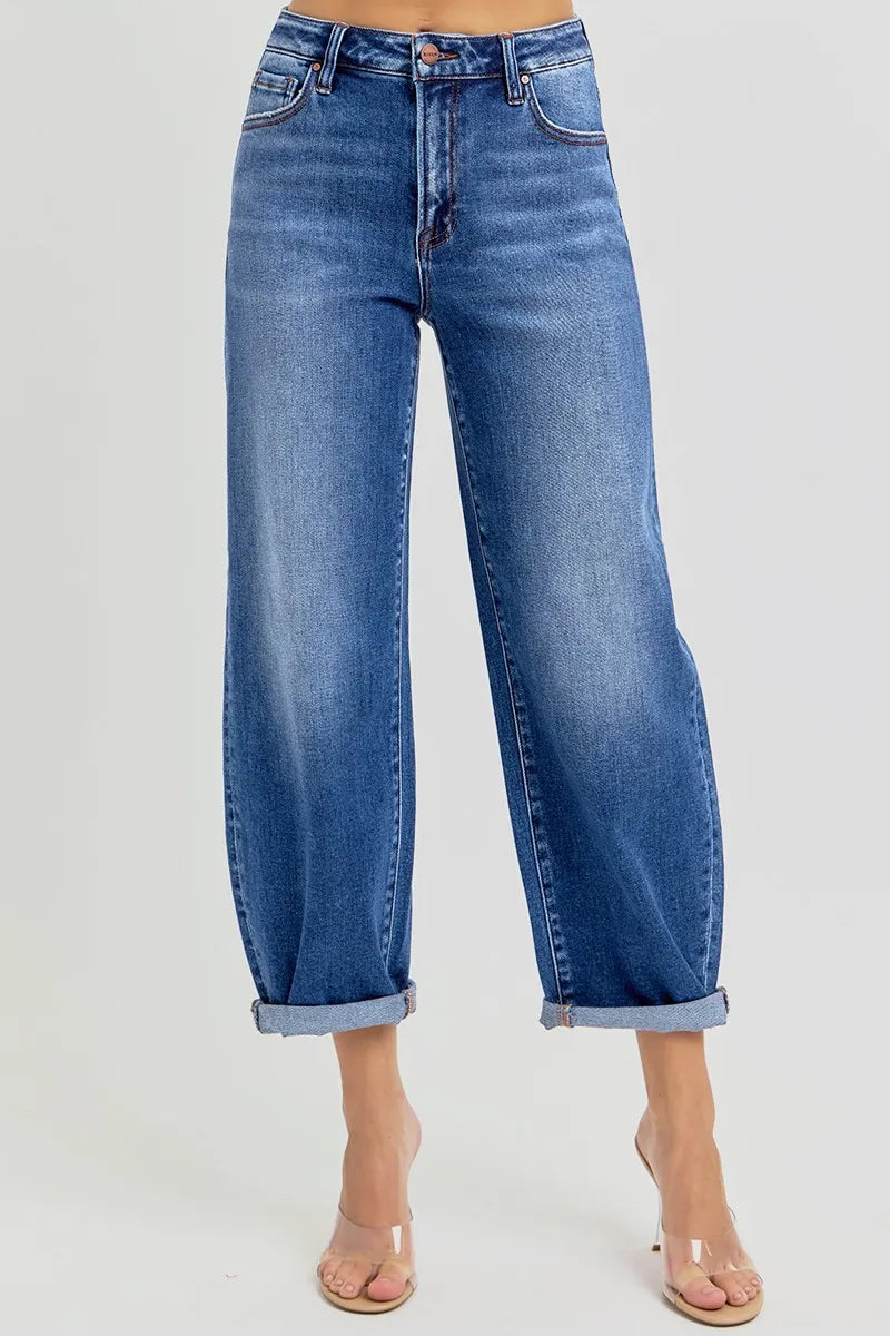 Dark Risen Full Size High Rise Crop Mild Barrel Jeans Plus Size