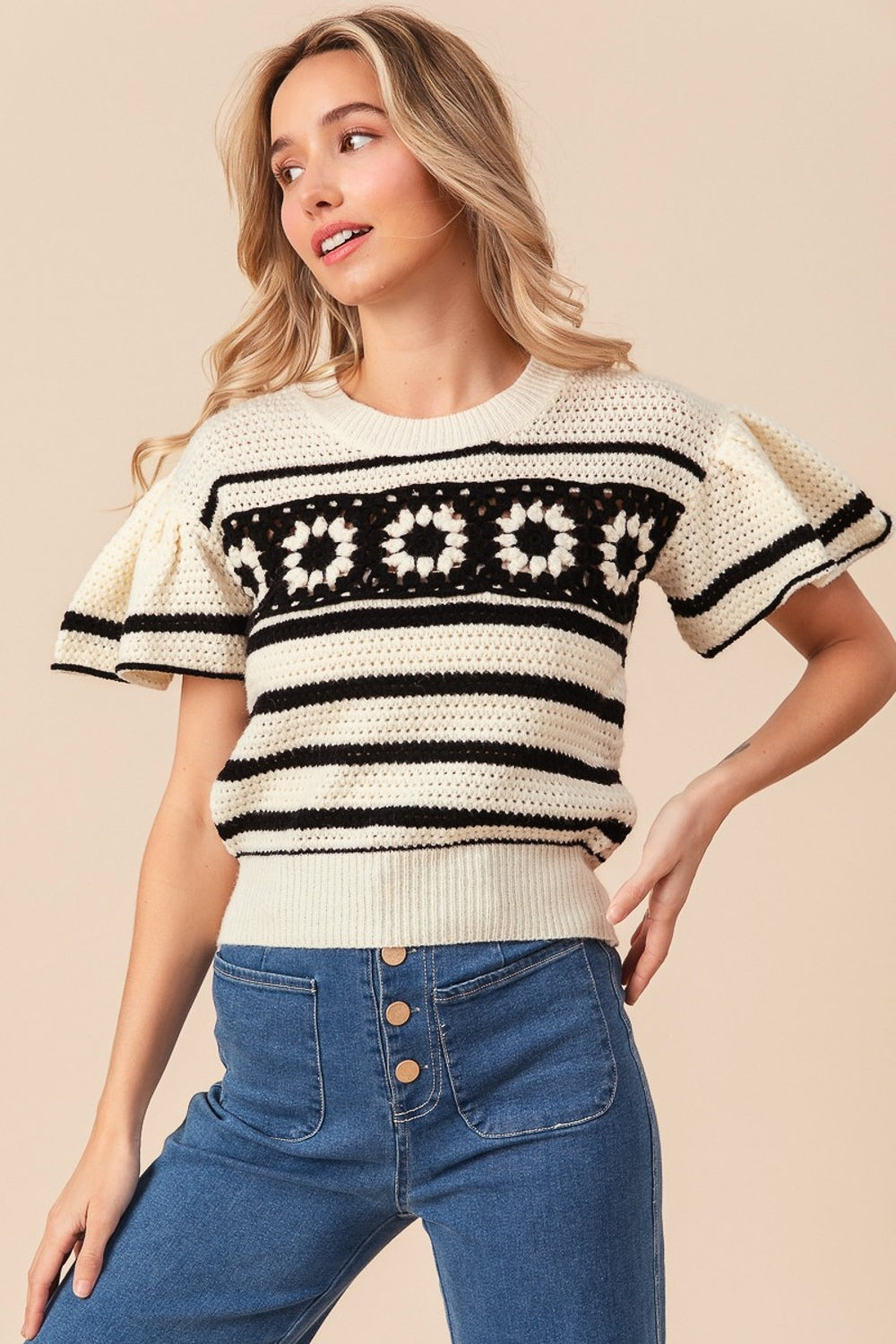 Ivory/Black Bibi Granny Square Short Sleeve Striped Sweater