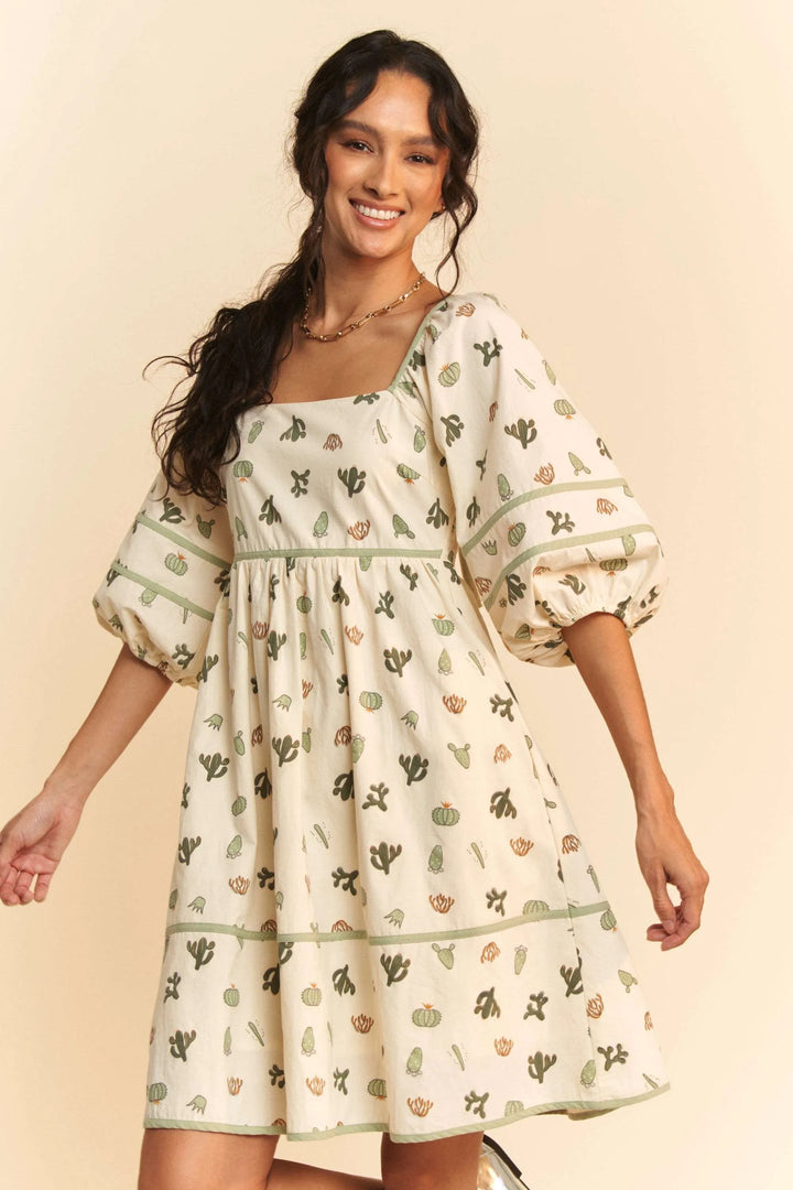 Davi Dani Cactus Printed Poplin Contrast Piping Mini Dress