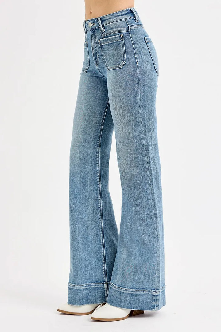 Medium Risen Full Size High Rise Wide Flare Patch Pocket Jeans Plus Size