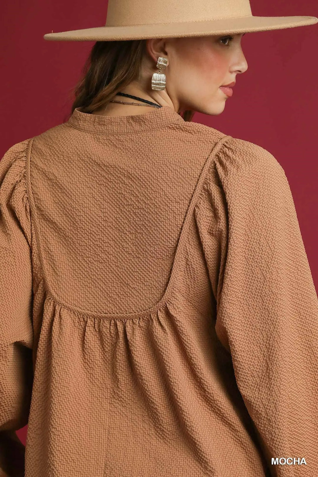 Mocha Umgee Textured Notched Blouse With Balloon Sleeves 1