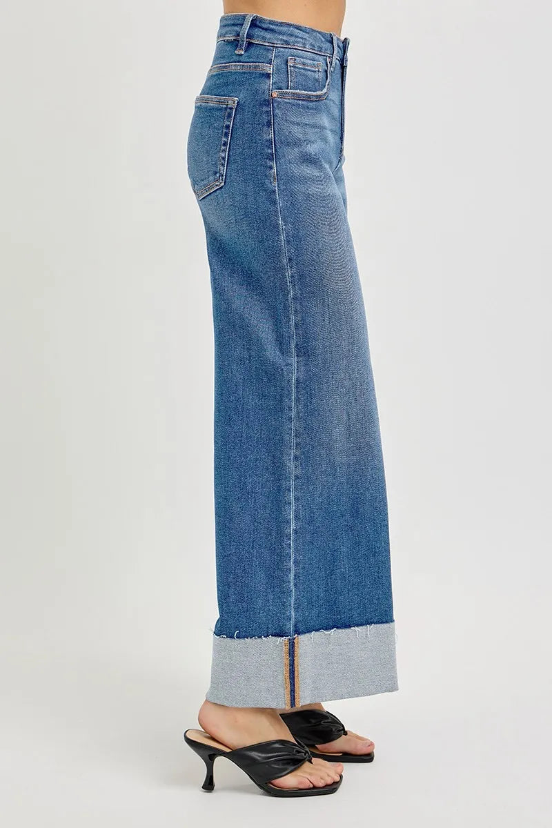 Medium Risen Full Size Tummy Control High Rise Crop Wide Cuffed Jeans Plus Size
