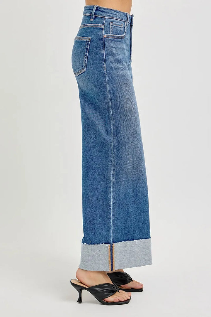 Medium Risen Full Size Tummy Control High Rise Crop Wide Cuffed Jeans Plus Size