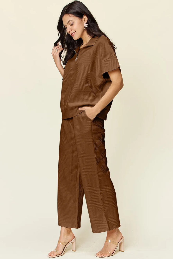 Tangerine Double Take Full Size Texture Half Zip Short Sleeve Top And Pants Set 1