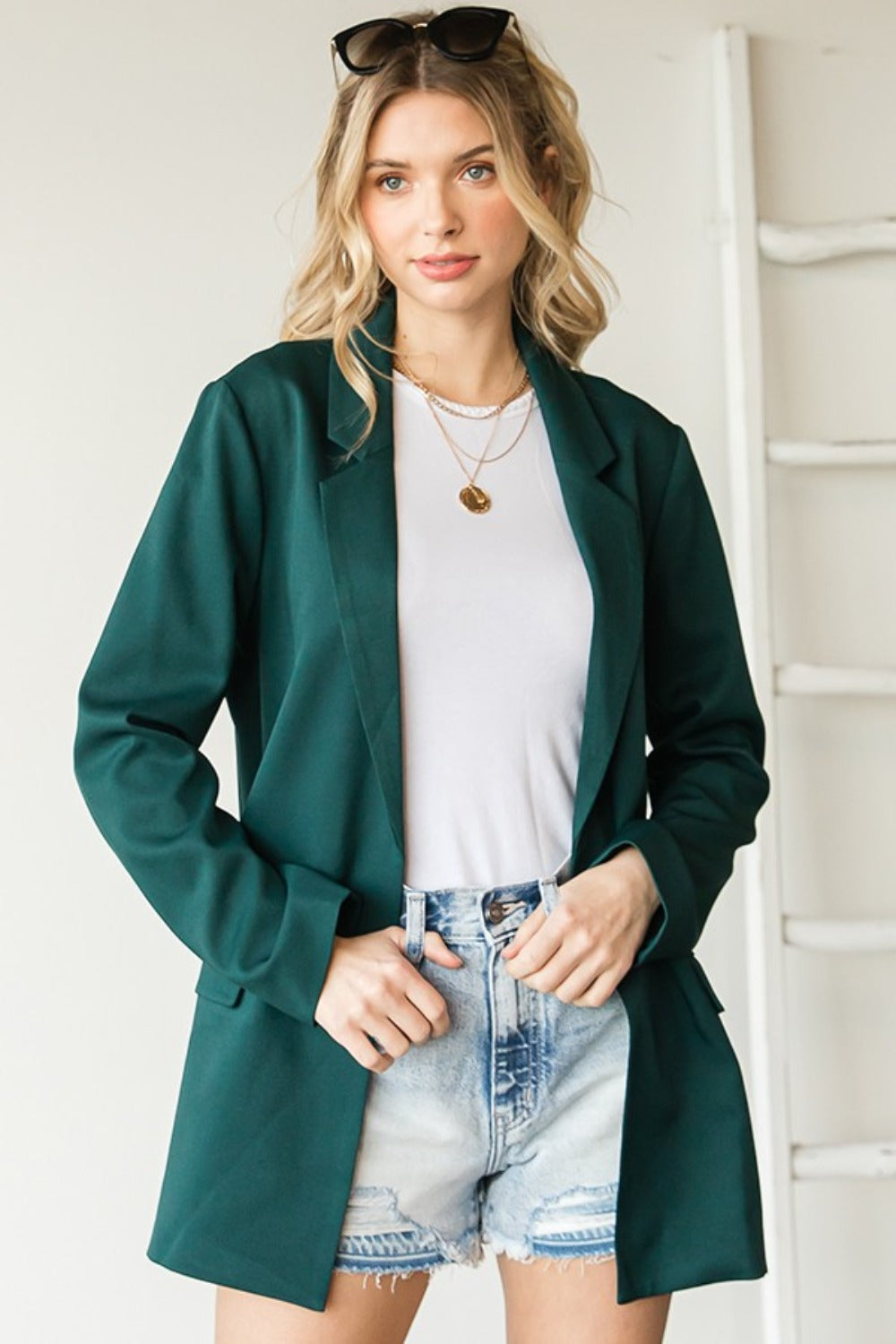 Hunter Green First Love Full Size Open Front Long Sleeve Blazer With Pockets