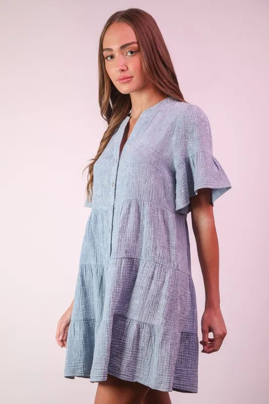 Denim Very J Mineral Washed Baby Bell Sleeve Woven Mini Dress