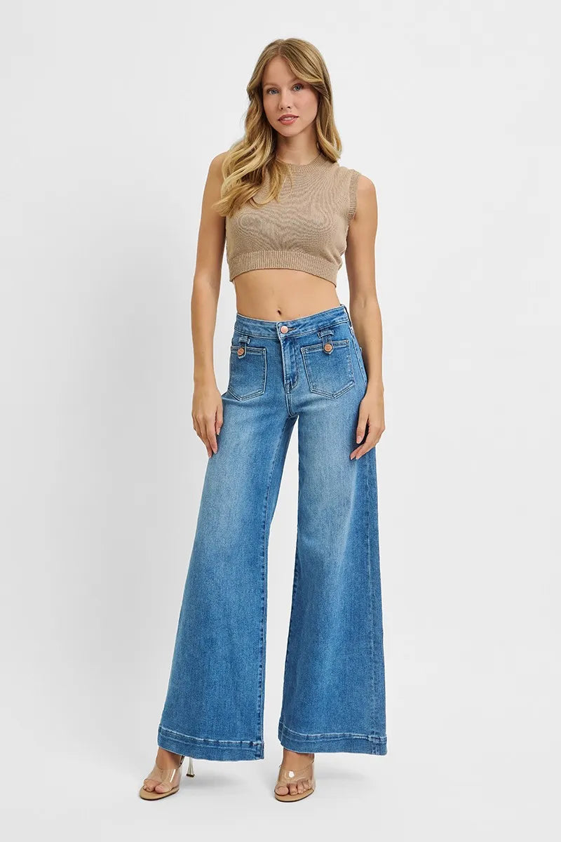 Medium Risen Full Size Mid Rise Wide Front Patch Pocket Jeans Plus Size