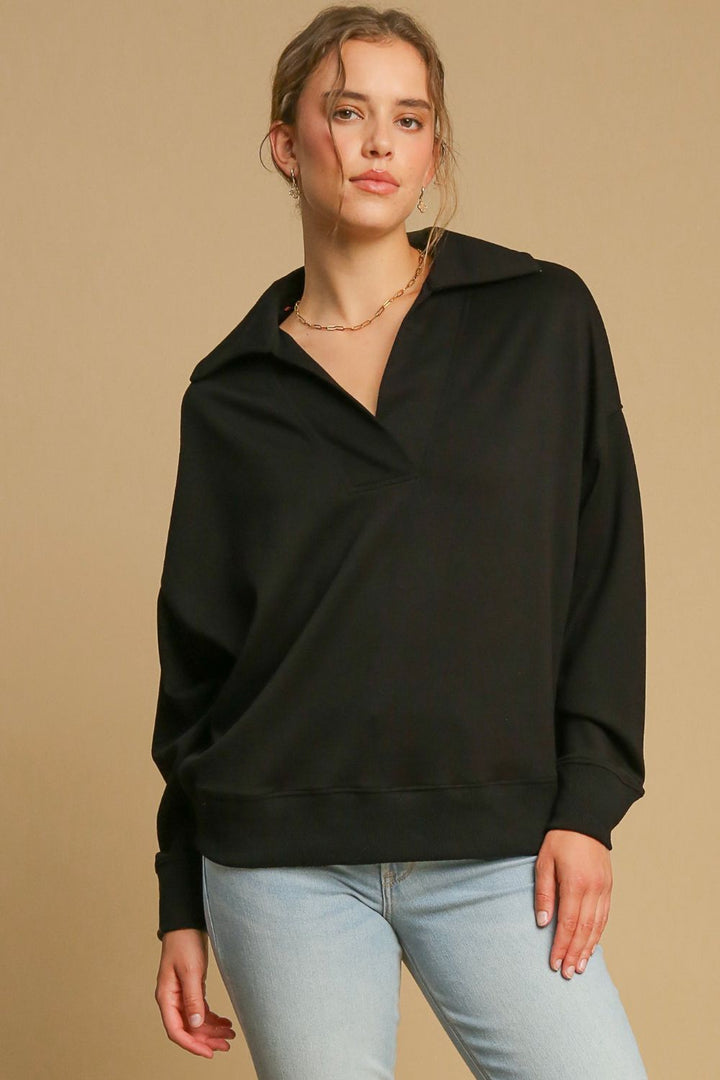 Black Umgee Johnny Collar Dropped Shoulder Sweatshirt