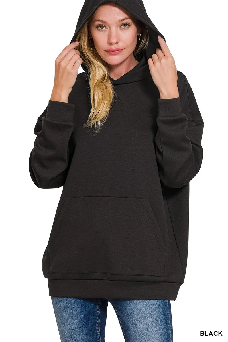 Black Zenana Oversized Scuba Hoodie With Kangaroo Pocket