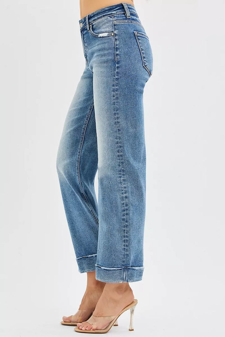 Medium Risen Full Size Mid Rise Crop Straight Jeans With Taylor Cuffed Plus Size
