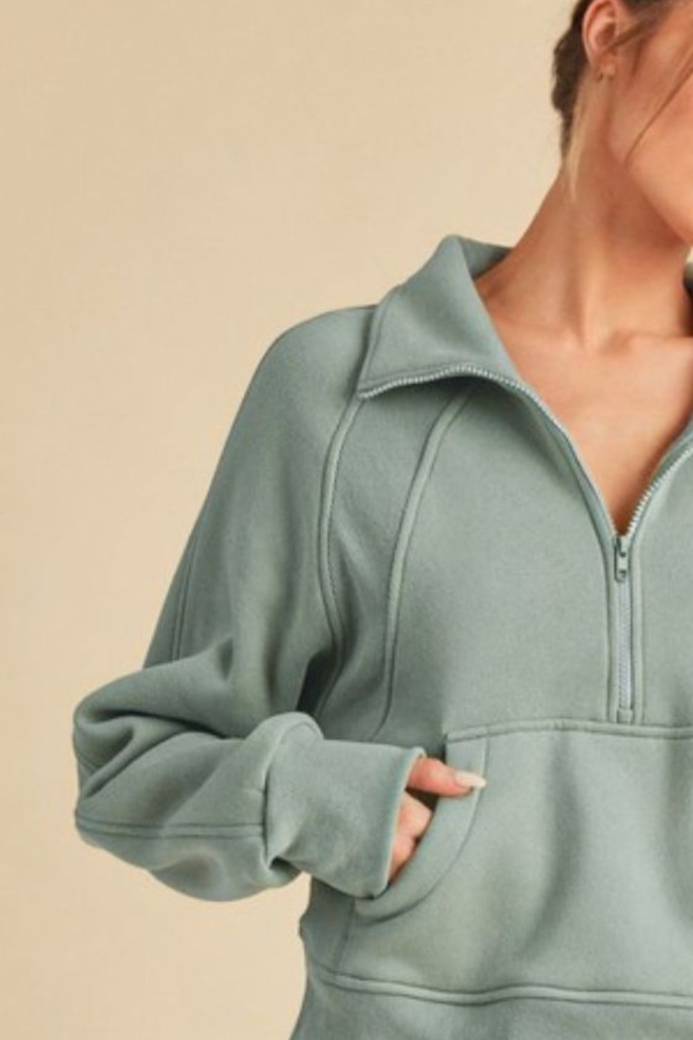 Pale Blue Aemi Co Half Zip Raglan Sleeve Sweatshirt With Kangaroo Pocket 3