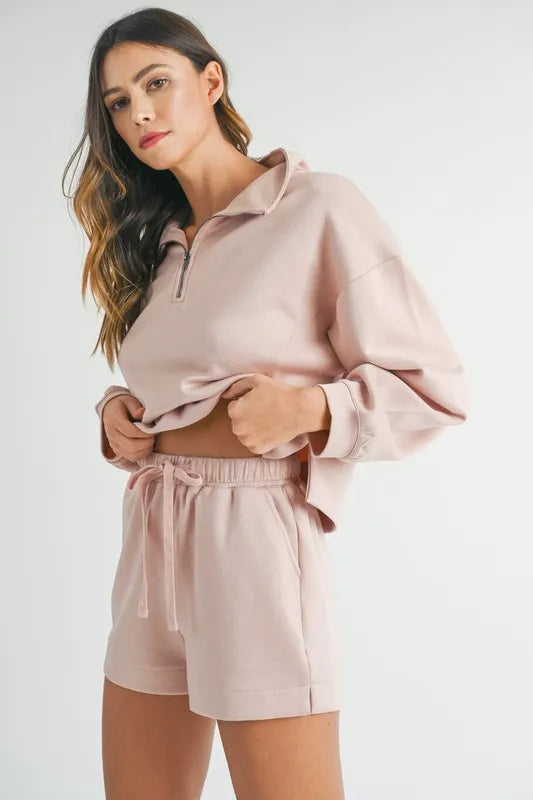 Pink Mable Half Zip Sweatshirt And Shorts Set